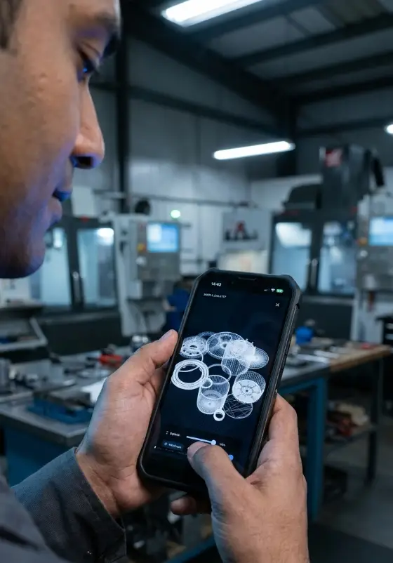 Atölyede bir kalıp mühendisi, 3D parçayı gösteren telefonu yakından inceliyor.