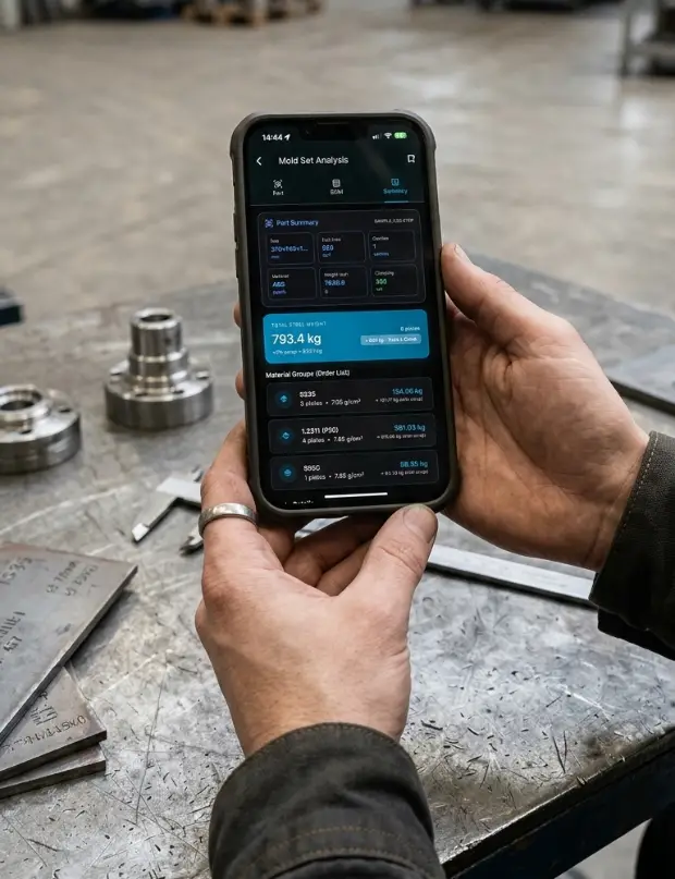 Atölyede bir mühendis, MoldCalc Pro kalıp seti özetini ve malzeme gruplarını gösteren telefonu tutuyor.