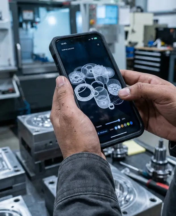 Atölyede tutulan telefonda MoldCalc Pro 3D tel kafes görüntüleyicisinde bir STEP parçası.
