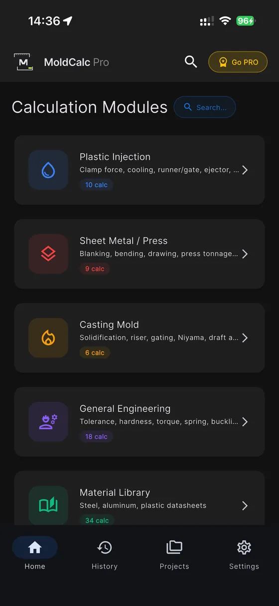 MoldCalc Pro — Calculation modules