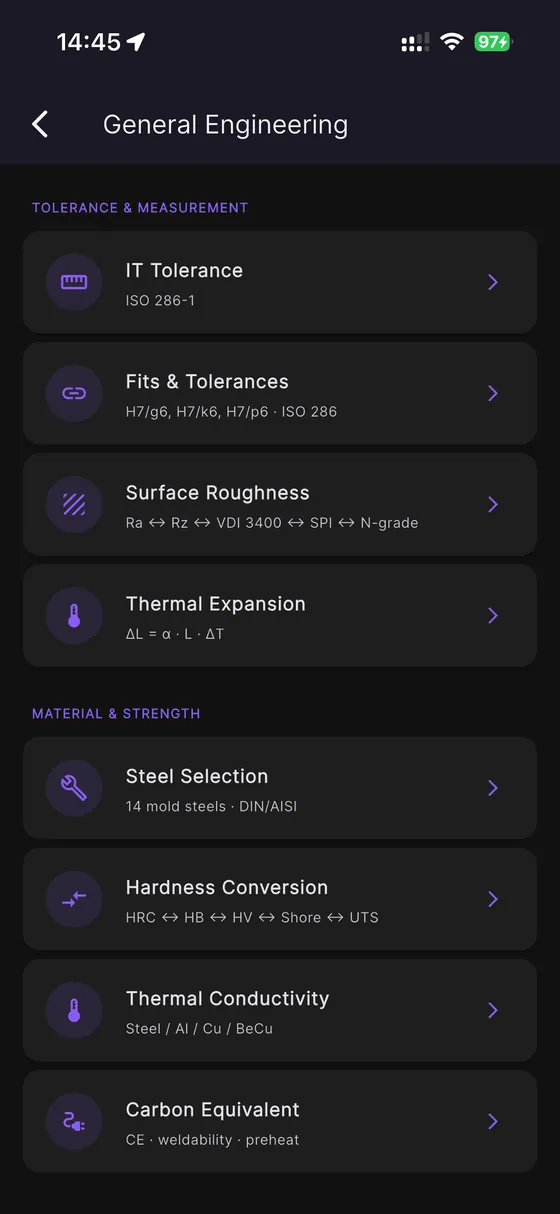 MoldCalc Pro — Tolerance and material