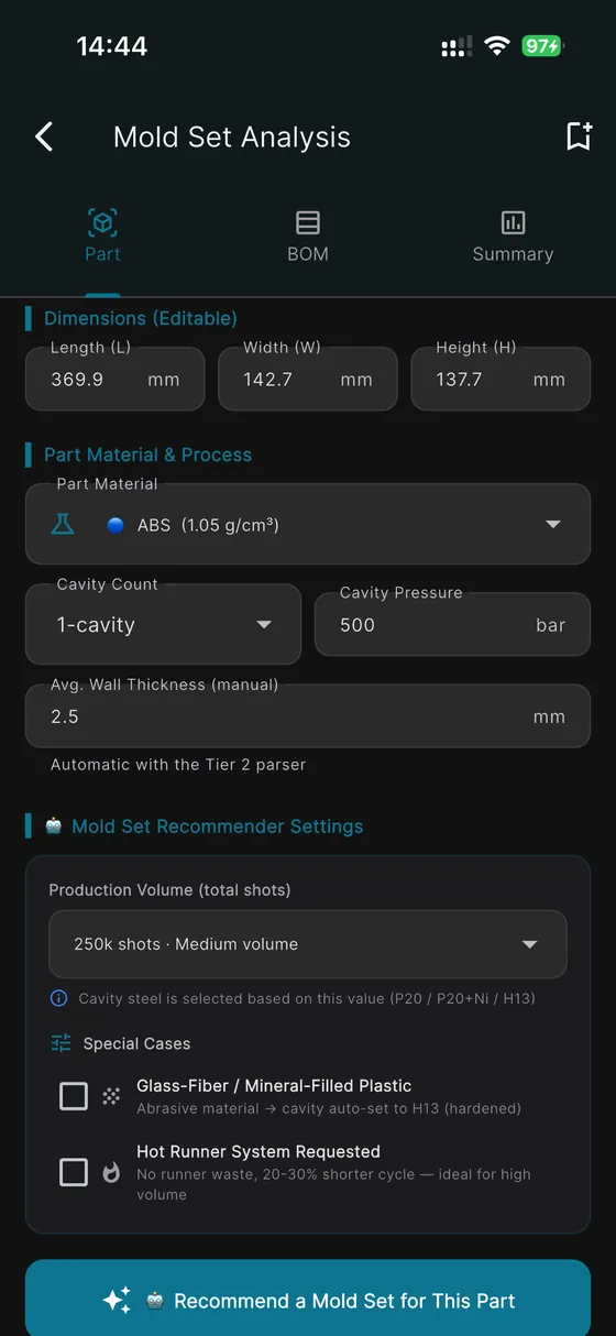 MoldCalc Pro — Part inputs